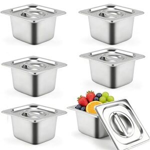 Pack of 6 stainless steel 1/6 size pans, 4 inches deep